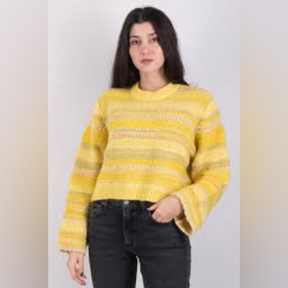 NWT Dorothee Schumacher Playful Texture Yellow Striped Wool Crop Sweater SZ-4